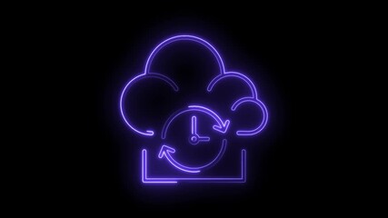Glowing neon cloud icon with clock and refresh arrows symbolizing cloud computing data synchronization time - Powered by Adobe