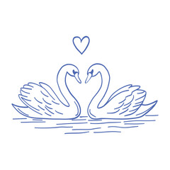 Two swans are swimming in a blue body of water with a heart in the middle
