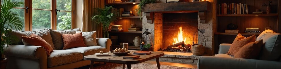 Cozy living room with a fireplace, comfortable sofa, and warm lighting, creating a welcoming and inviting home atmosphere Perfect for relaxation and family time , modern, togetherness