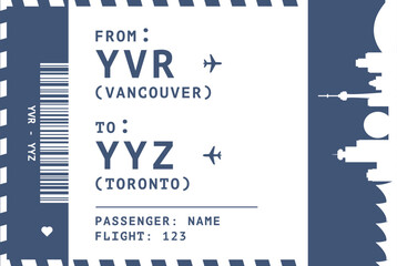 Vancouver - Toronto, Canada flight, luggage tag, boarding pass card. Vector illustration layout for infographic, postcard, sticker, print, promo with cities skylines