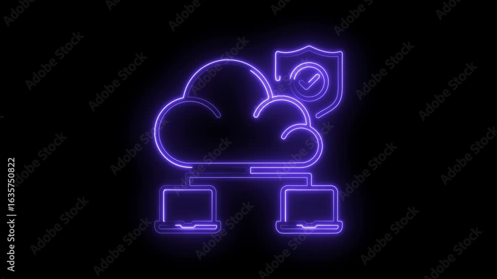 Poster glowing neon cloud icon with shield and checkmark connected to laptops on transparent black backgrou