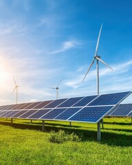 Hybrid Renewable Energy Field with Solar Panels and Wind Turbines Under Blue Sky.