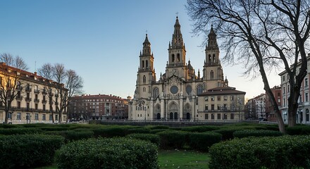 Obraz premium BILBAO, ES - Feb 29, 2024: A stunning view of the Cathedral of Santiago in Bilbao, Spain, with a clear blue sky and surrounding buildings.