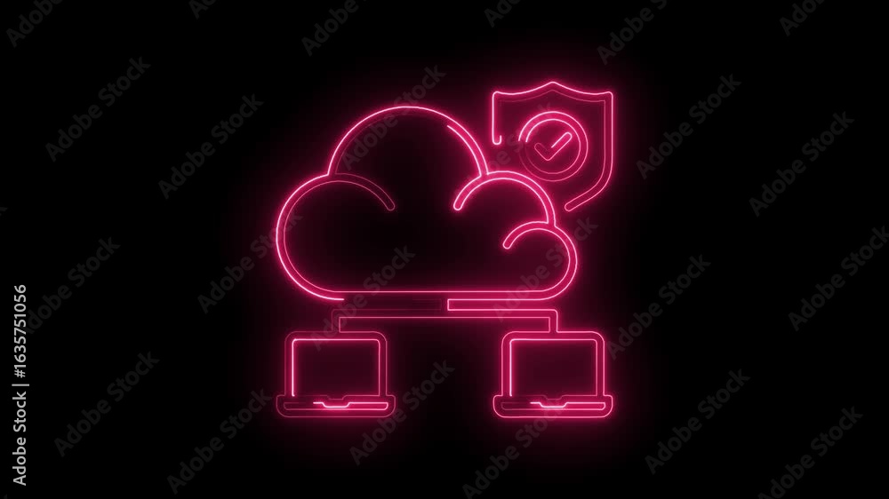 Poster glowing neon cloud network security icon with checkmark shield and connected laptops on transparent 