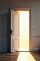 A brightly lit, wide open doorway with sunlight streaming in, welcoming and inviting Perfect for concepts of new beginnings, opportunity, and fresh starts , home, optimism, architecture