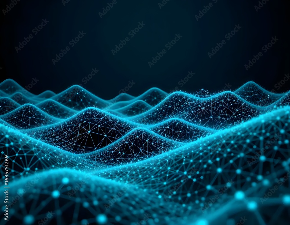 Poster a digital landscape with blue waves and interconnected nodes against a dark background creating a ne