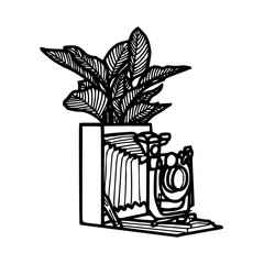 old camera and houseplant outline design