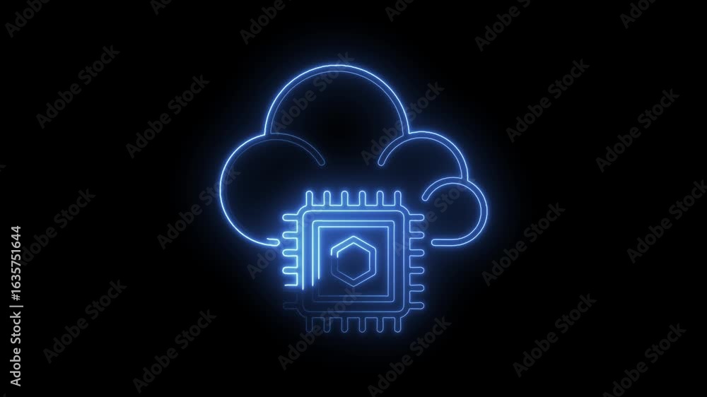 Poster glowing blue neon cloud computing chip icon with hexagonal core on black background symbolizing digi