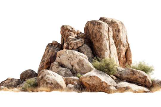 A rocky outcrop, light tan and beige, sits atop a bed of dry grass