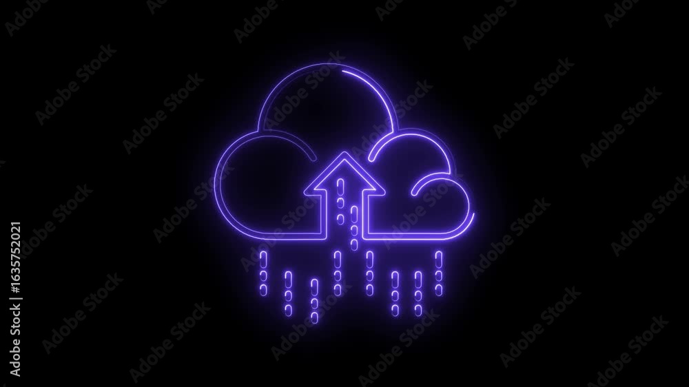 Poster glowing neon cloud upload icon with upward arrow and data stream effect on black background futurist