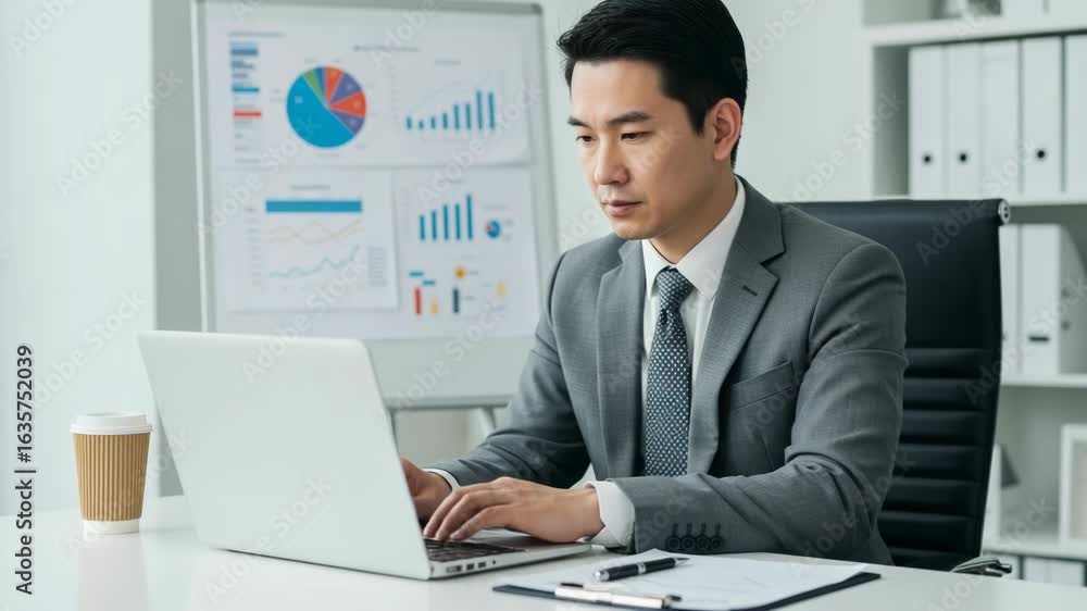 Aufkleber an asian professional intently types on a laptop while reviewing business performance charts and gra