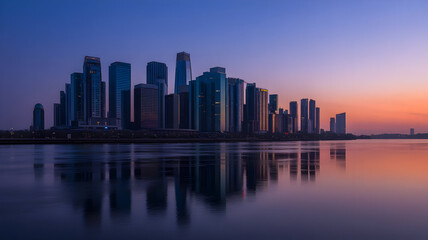 Serene Sunset Skyline Reflection Cityscape Dusk Urban Towers Buildings Waterfront Panorama image