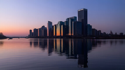 Naklejka premium Serene Twilight Skyline Reflection Modern City Buildings Glass Facades River Water Calm Surface Pink Orange Sunset Colors Boats Bridge