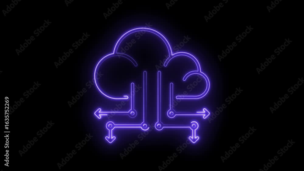 Poster glowing neon cloud icon with circuit lines and arrows on black background futuristic technology data