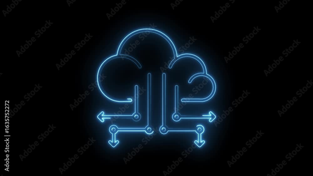 Poster glowing blue neon cloud icon with circuit lines and arrows symbolizing data transfer and connectivit