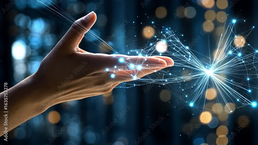 Poster hand reaching out with glowing particles and light effects, symbolizing technology and connection, c