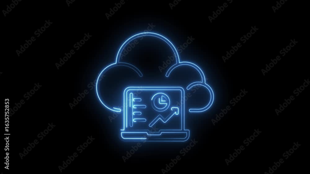 Poster glowing blue neon cloud icon with laptop displaying financial graph and upward arrow symbolizing dat