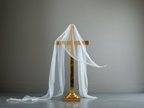 A golden cross is draped with white sheer fabric, set against a plain gray wall. - Powered by Adobe