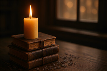 Vintage Beeswax Candle on Leather Books with Dried Lavender on Wooden Table