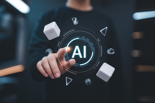 Person touching glowing ai interface with floating cubes and geometric shapes representing artificial intelligence and technology - Powered by Adobe