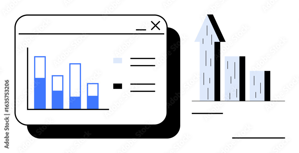 Poster bar charts in a window alongside an upward trending arrow symbolize data analysis, growth, success, 