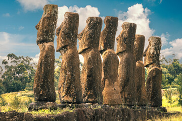 View of Ahu Akivi, Rapa Nui (Easter Island), Chile. It is the most elaborate inland platforms and the only one facing the sea. However, like all others, it is aligned toward the esplanade.
