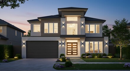 Fototapeta premium Photography spotlight: Modern two-story house with large windows and garage, illuminated at dusk.