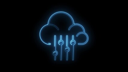 Glowing blue neon cloud icon with sliders and controls isolated on black background representing cloud