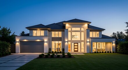 Photography spotlight: Modern luxury house exterior with large windows and contemporary design, illuminated at dusk.