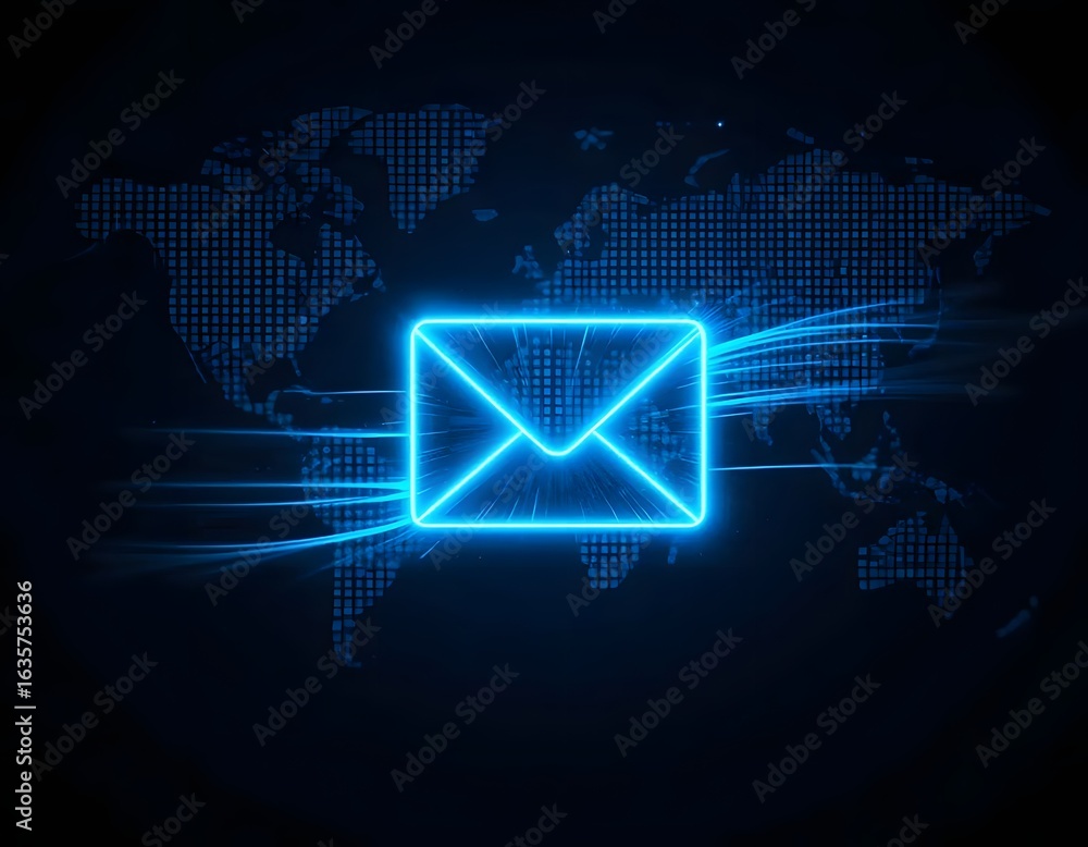 Poster glowing blue email envelope icon over a world map with lines indicating global communication network
