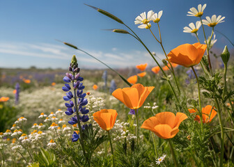 Vibrant Poppy and Wildflower Meadow on a Sunny Day, field of poppies