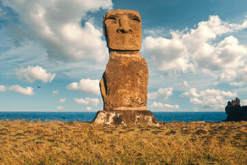 Front view of Ahu Akapu at the Hanga Kioe archaeological site, Rapa Nui (Easter Island), Chile. The solitary moai statue stands 4 meters tall and is complete, although it lacks the pukao (stone hat).