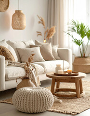 Cozy living room closeup featuring modern sofa and decorative textiles in a chic home environment