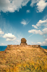 Front view of Ahu Hanga Kioe at the Hanga Kioe archaeological site, Rapa Nui (Easter Island), Chile. Only a portion of the moai's body remains; it was recovered from the bay in front.