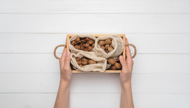 Hands presenting a rustic wooden tray of fresh tamarind pods in reusable mesh bags over a clean white wooden background.