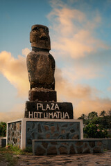 The moai statue at Plaza Hotu Matua in Hanga Roa, Rapa Nui (Easter Island), Chile. It was brought from Ahu Atiu by Dr. Alvaro Tejeda, a Rapa Nui governor, who claimed the title of King Hotu Matua.