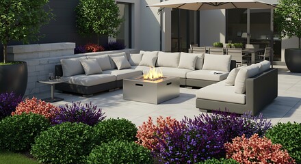 Stunning view: modern outdoor patio with fire pit, seating, and greenery, perfect for relaxation and gatherings.