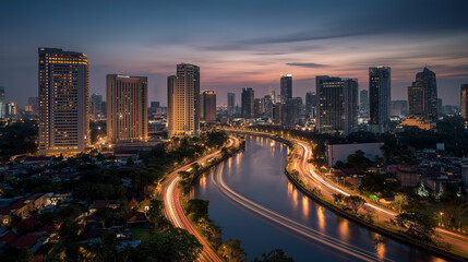 Obraz premium Modern Jakarta skyline at twilight with high-rise buildings