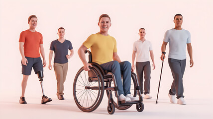 Obraz premium Five diverse men in casual attire against a white background one man in a wheelchair one with a prosthetic leg and one using a cane showcasing inclusivity and diversity