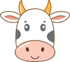 A cartoon illustration of a cow's head, featuring eyes, horns, and a smile.