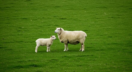 Fototapeta premium Explore the beauty of a mother and baby cotswold sheep standing on a grassland and looking in the same direction