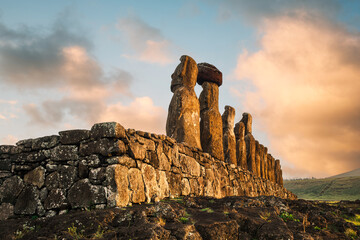 Seaside view of the Tongariki ceremonial platform (ahu) on Rapa Nui (Easter Island), Chile. Located on the eastern side of the island, it is the most significant ahu, featuring 15 moai statues.