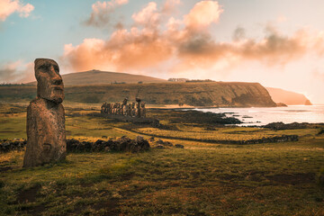 The Tongariki archaeological site on Rapa Nui (Easter Island), Chile, showcasing Ahu Tongariki with 15 moai statues, the Travelling Moai in the foreground, and the Poike volcano in the background.