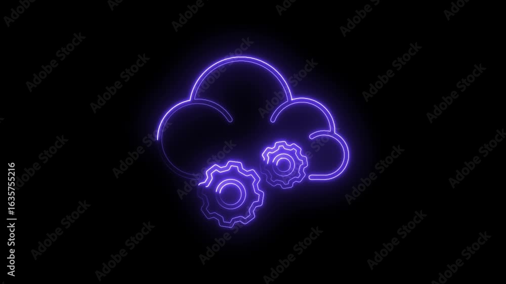 Poster glowing purple neon cloud with gears symbol representing cloud computing data processing technology