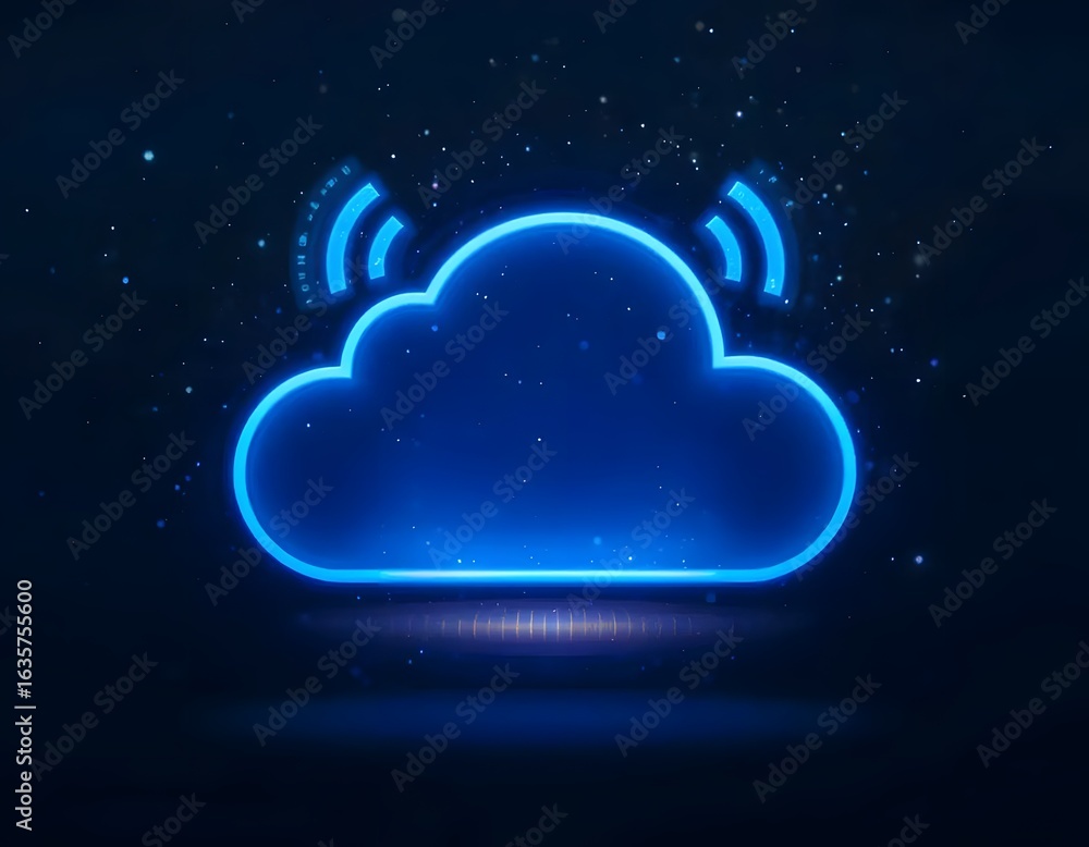 Aufkleber a blue cloud icon with wifi signal on a dark background with sparkling particles and reflection effe