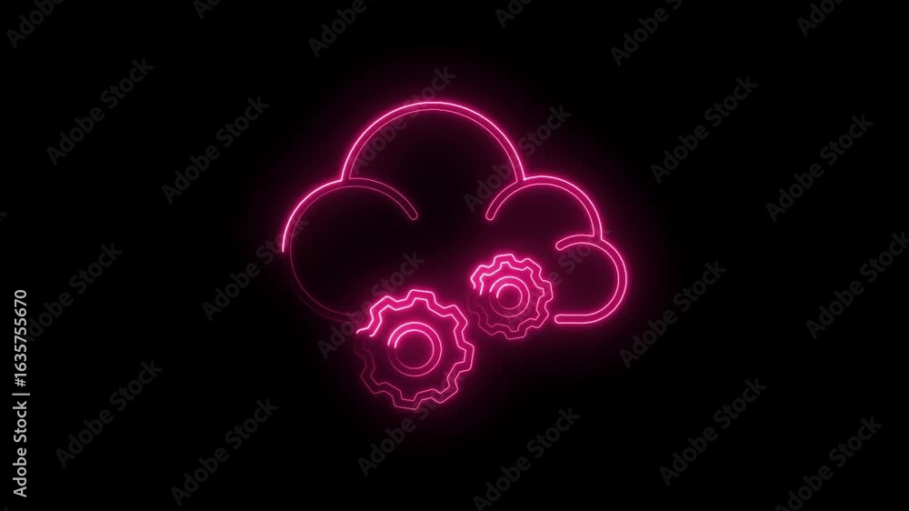 Poster glowing neon pink cloud with gears icon symbolizing cloud computing data processing technology and d