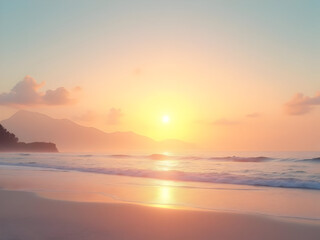 Fototapeta premium Serene Sunrise over a Calm Tropical Beach with Pink and Orange Hues Soft Waves Gently Lap the Sandy Shore Silhouetted Mountains Rise in the Distance under a Pastel Sky