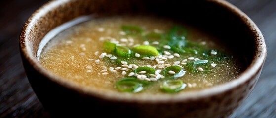 Savory miso soup in porcelain with onions sesame  
