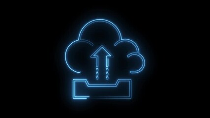 Glowing blue neon cloud upload icon with upward arrow and data transfer symbols on black background - Powered by Adobe