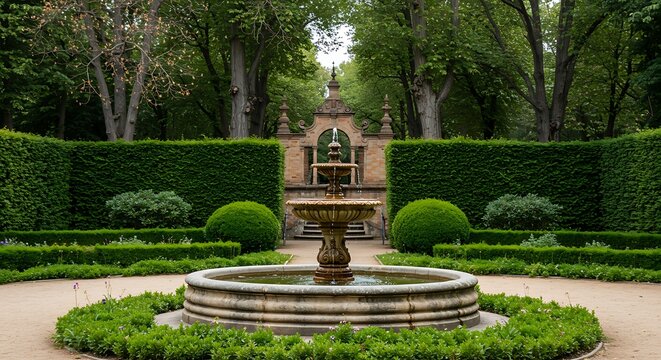 Stunning view: a scenic view of the el bosque de bejar garden in bejar, salamanca, castilla y leon, spain. a beautiful fountain surrounded by lush greenery.